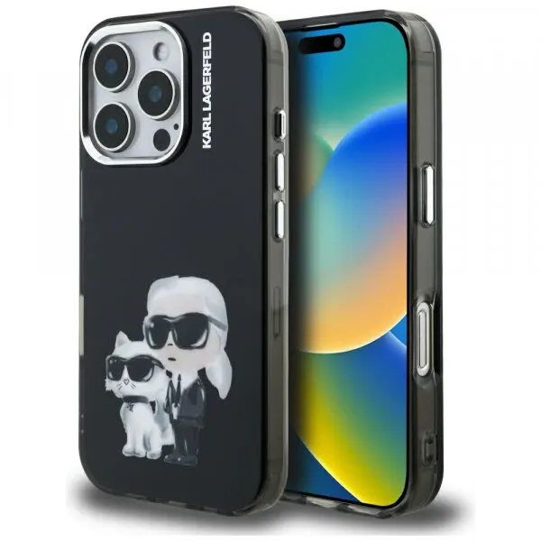 Karl Lagerfeld Husa pentru Apple iPhone 16 Pro Max, Karl Lagerfeld, IML Aquarelle Logo Karl & Choupette, Neagra