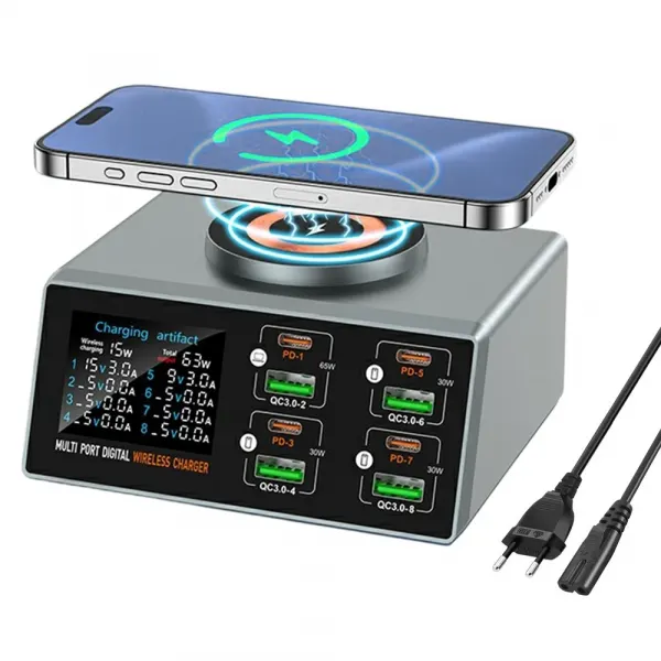 OEM Incarcator Statie OEM WLX-X9S QI, 140W, 3A, 4 x USB-A - 4 x USB-C, Argintiu