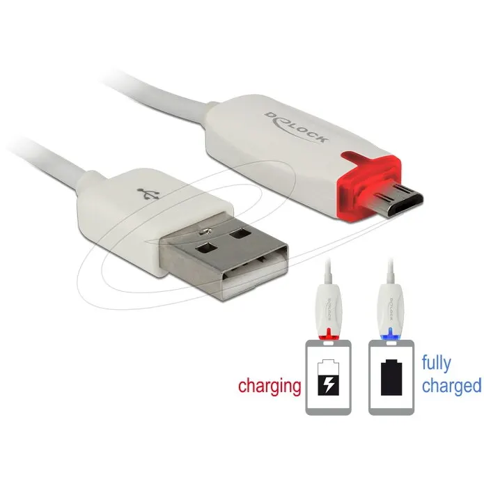 Delock Cablu de date si alimentare Delock, USB 2.0-A tata la Micro USB-B tata, LED indicator, 1m, Alb