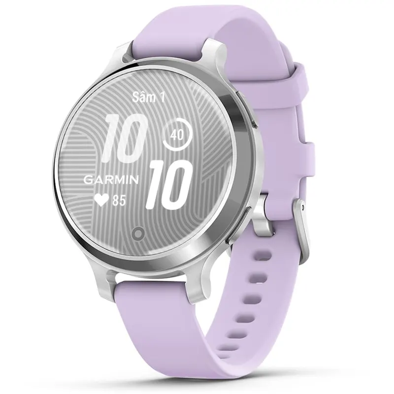 GARMIN Ceas Garmin Lily 2 Active, display AMOLED, memorie 8GB, autonomie pana la 9 zile, rezistant la apa, ama Argintiu, si curea Purple Jasmine din silicon