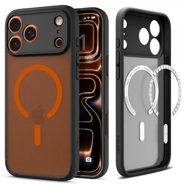Spigen Husa MagSafe pentru Apple iPhone 17 Pro, Spigen, Ultra Hybrid, Neagra Portocalie Satinata ACS10483