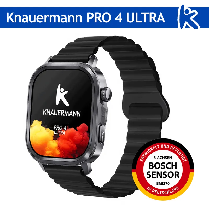 Knauermann Ceas smartwatch Knauermann PRO 4 ULTRA BT, AMOLED 1.95 inch, GPS, EKG, detectare caderi, pachet Premium, Negru