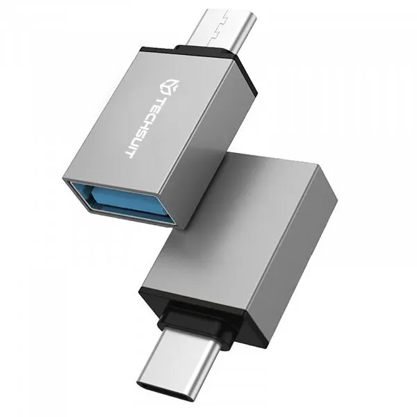 techsuit Adaptor OTG microUSB / USB-C - USB-A Techsuit A13 DuoVoltX, Gri, Set 2 bucati