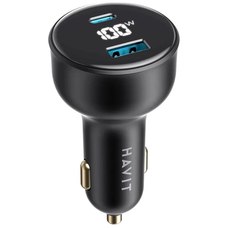 HAVIT Incarcator auto cu Display Digital HAVIT CC100W, 1 USB-A, 1 USB-C, 100W, Negru
