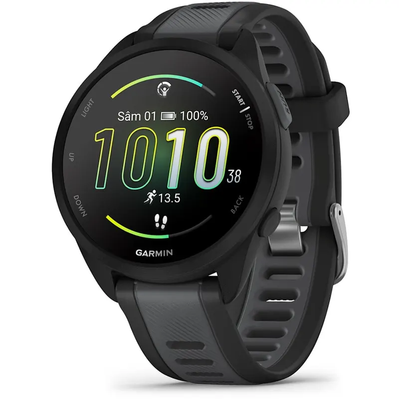 GARMIN Ceas Garmin Forerunner 165, memorie 8GB, autonomie modul ceas inteligent: pana la 11 zile, modul de economisire a bateriei pana la 20 zile, rezistant la apa, Negru/Slate Grey