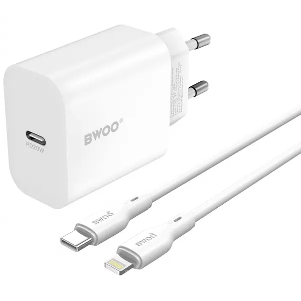 BWOO Incarcator Retea Cu Cablu Lightning BWOO CDA233, 20W, 3A, 1 x USB-C, Alb