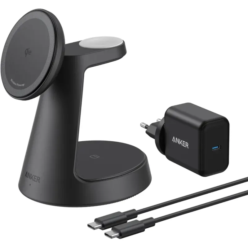Anker Incarcator wireless magnetic Anker MagGo 3-in-1 MagSafe Qi2 15W (incarcator si cablu inclus), Negru