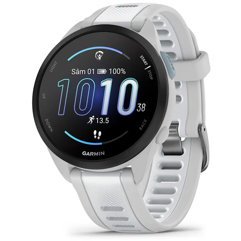 GARMIN Ceas Garmin Forerunner 165, memorie 8GB, autonomie pana la 11 zile, modul de economisire a bateriei pana la 20 zile, rezistant la apa, Mist Grey/Whitestone