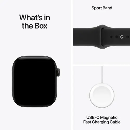 Smartwatch Apple Watch 12, GPS, 42mm, Ecran Retina LTPO OLED, Chip S11 cu Procesor Dual-Core, 64GB Flash, Wi-Fi, Bluetooth, Carcasa Aluminiu, Curea Sport Band M/L (Negru)