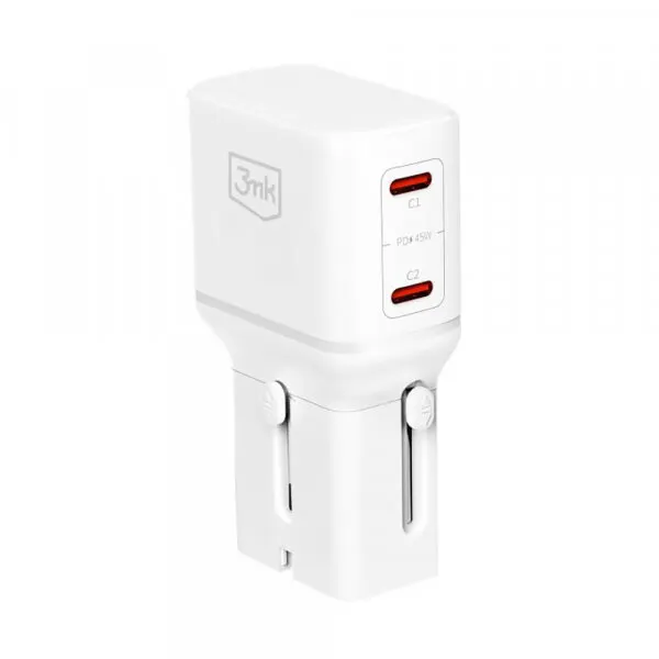 3MK Incarcator Retea 3MK Globe Travel, 45W, 3A, 2 x USB-C, Alb
