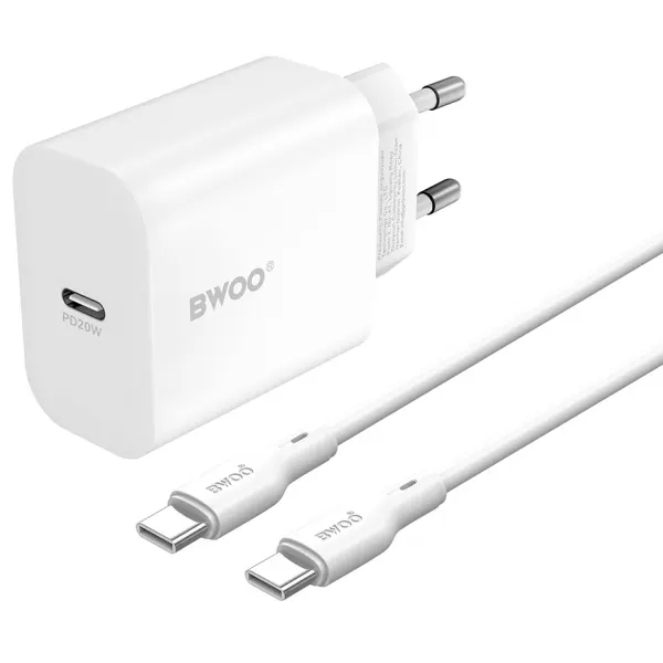 BWOO Incarcator Retea Cu Cablu USB-C BWOO CDA233, 20W, 3A, 1 x USB-C, Alb