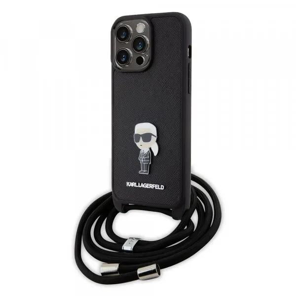 Karl Lagerfeld Husa pentru Apple iPhone 15 Pro Max, Karl Lagerfeld, Saffiano Crossbody Monogram Metal Pin Karl, Neagra