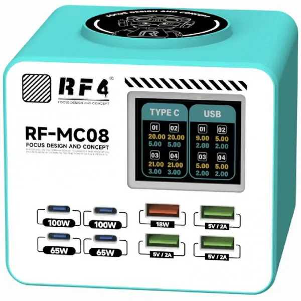 RF4 Incarcator Statie RF4 RF-MC08, 150W, 5A, 4 x USB-A - 4 x USB-C, Turcoaz