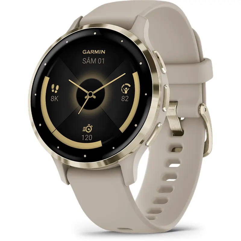 GARMIN Ceas smartwach Garmin Venu 3S display AMOLED, memorie 8GB, autonomie pana la 10 zile, rezistant la apa, rama din otel inoxidabil Soft Gold cu carcasa French Gray si curea din silicon