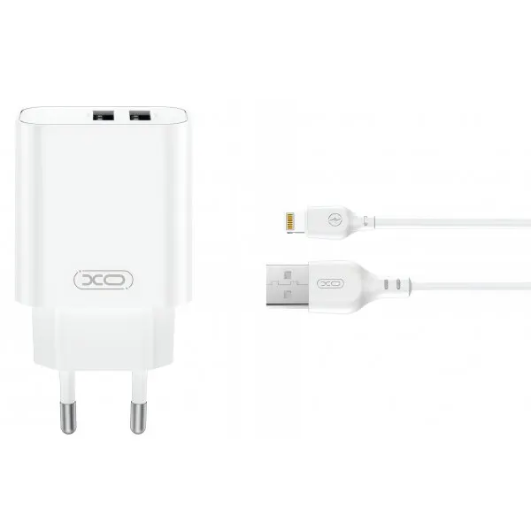 XO Design Incarcator Retea Cu Cablu Lightning XO Design CE34, 12W, 2.4A, 2 x USB-A, Alb
