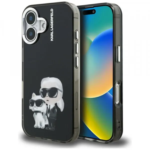 Karl Lagerfeld Husa pentru Apple iPhone 16, Karl Lagerfeld, IML Aquarelle Logo Karl & Choupette, Neagra