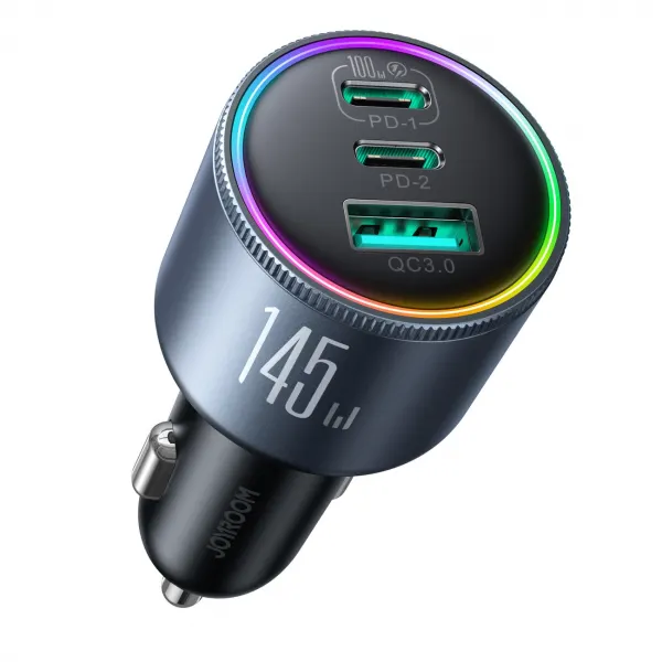 JOYROOM Incarcator Auto Cu Cablu USB-C Joyroom JR-CCN07, 145W, 5A, 1 x USB-A - 2 x USB-C, Gri