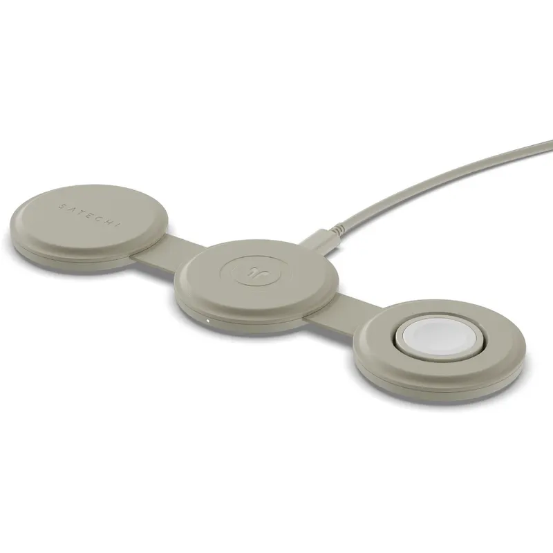Satechi Incarcator Wireless 3 in 1 pliabil Qi2, pentru dispozitivele Apple, Magsafe, Statie de incarcare pentru Iphone, AppleWatch, AirPods, Samsung, OnePlus, Bej