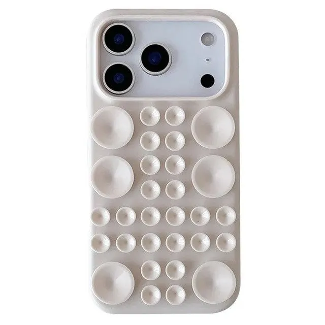 Husa cu Ventuze, Flippy, Compatibila iPhone 17 Pro, din Silicon, Interior Microfibra, Crem