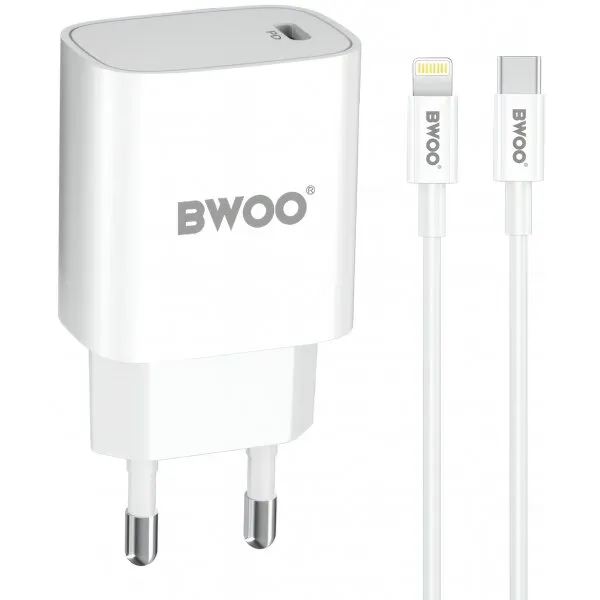 BWOO Incarcator Retea Cu Cablu Lightning BWOO CDA159, 20W, 3A, 1 x USB-C, Alb