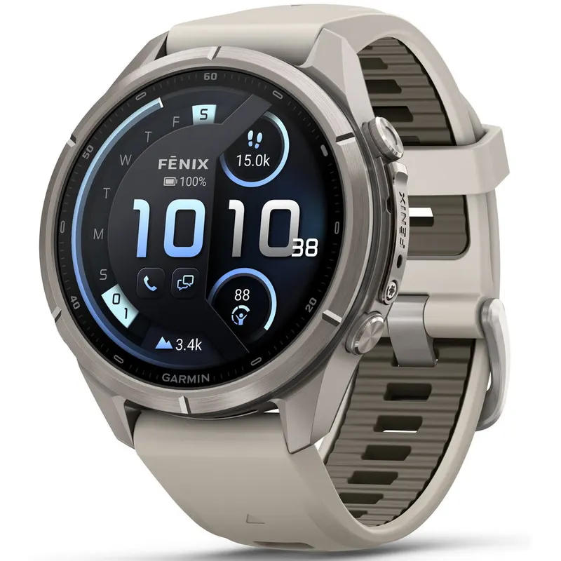 GARMIN Ceas inteligent Garmin fenix 9 Pro, 43mm, AMOLED, InReach, GPS, Wi-Fi, Android/iOS, Sapphire,Titan cu curea din silicon, Dark Sandstone, Gri