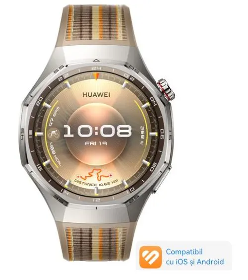 Smartwatch Huawei Watch GT 6 Pro, 46MM, Ecran AMOLED LTPO 1.47inch, Bluetooth, GPS, Monitorizare sanatate emotionala, Curea Nylon, 5 ATM (Maro)