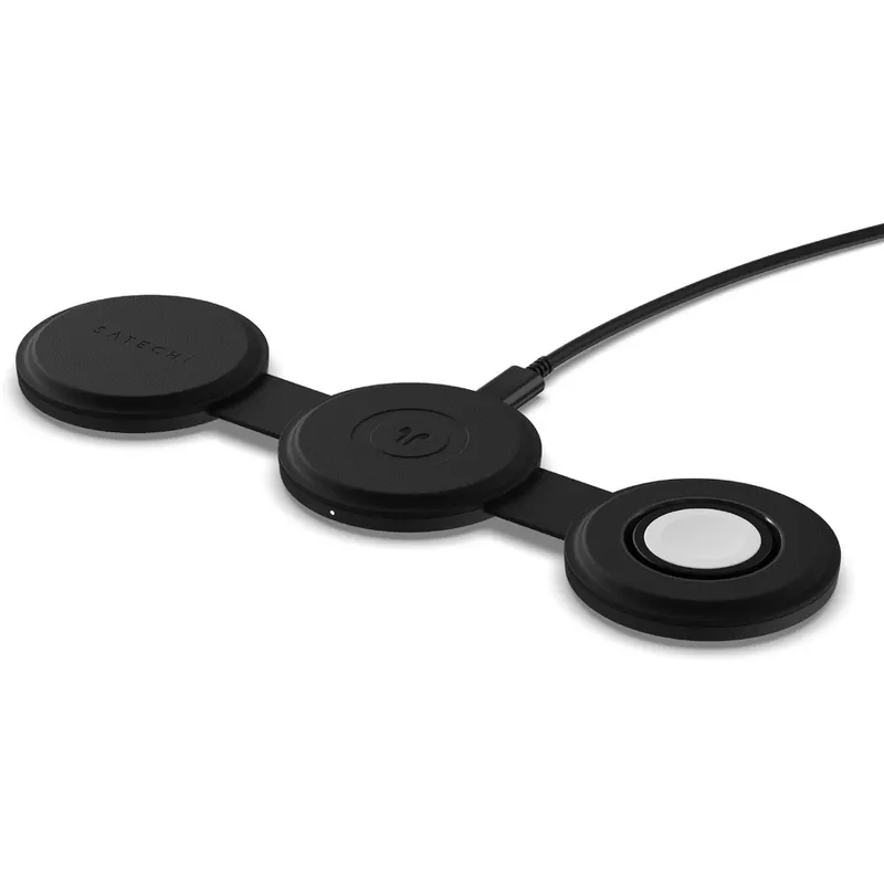 Satechi Incarcator Wireless 3 in 1 pliabil Qi2, pentru dispozitivele Apple, Magsafe, Statie de incarcare pentru Iphone, AppleWatch, AirPods, Samsung, OnePlus, Negru