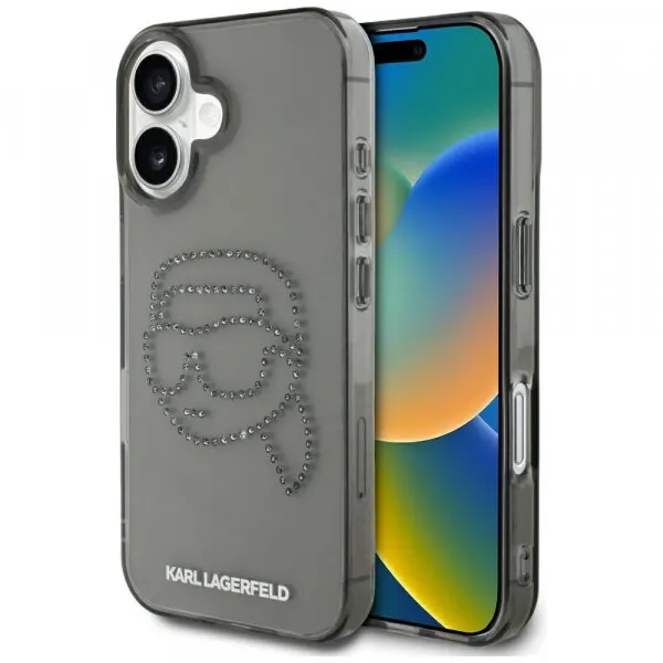 Karl Lagerfeld Husa pentru Apple iPhone 16, Karl Lagerfeld, IML Rhinestones Karl's Head, Neagra