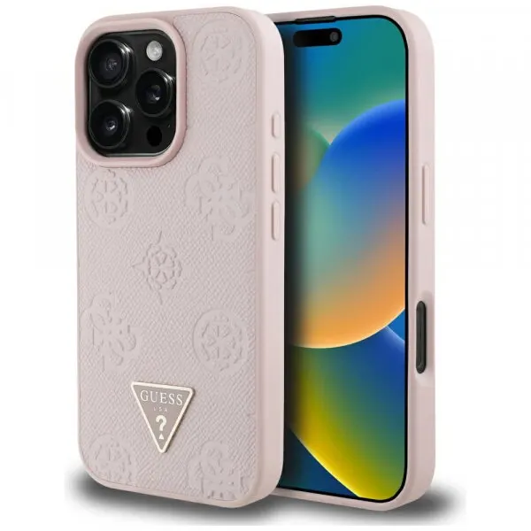 Guess Husa MagSafe pentru Apple iPhone 16 Pro, Guess, Peony Grained Hot Stamp Triangle, Roz
