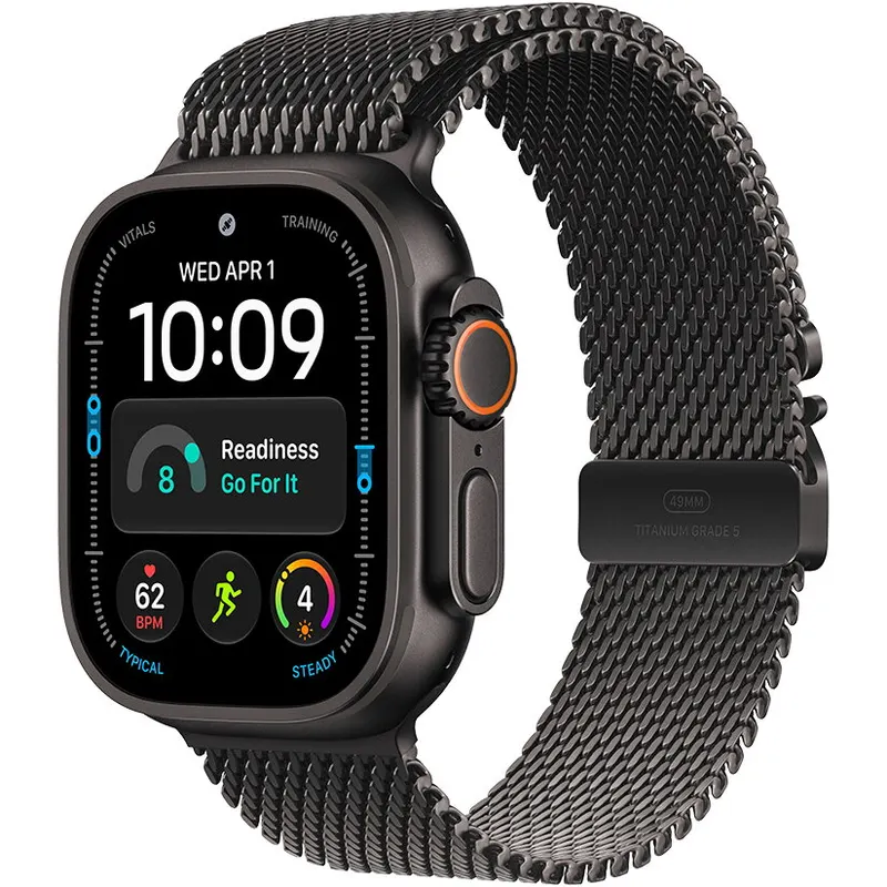 Apple Ceas smartwatch Apple Watch Ultra 4 GPS + Cellular, 49 mm, titan negru, bratara Titanium Milanese Loop neagra, marimea L