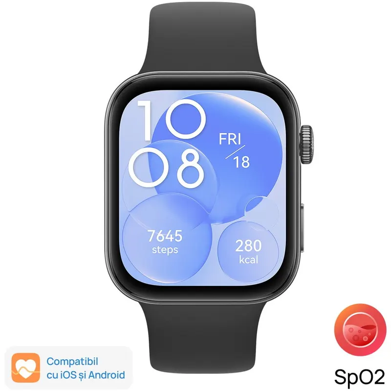 Huawei Ceas inteligent Huawei Watch FIT 3, corp negru cu curea din fluoroelastomer, Negru
