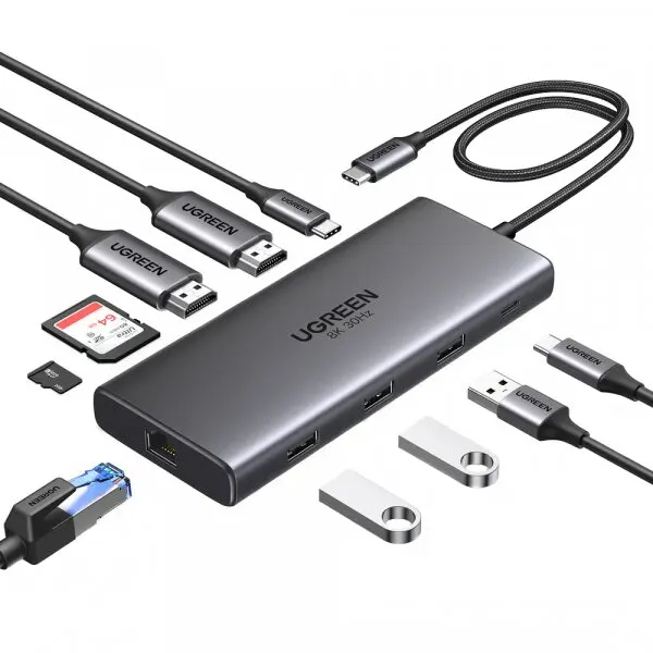 Ugreen Hub USB-C UGREEN Revodok Pro 210 CM639, 1 x USB-A 3.0 - 2 x USB-A - 2 x USB-C - 2 x HDMI - 1 x RJ45 - 1 x SD - 1 x microSD, Gri