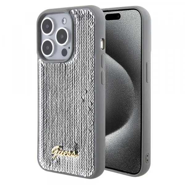 Guess Husa pentru Apple iPhone 15 Pro Max, Guess, Sequin Script Metal, Argintie