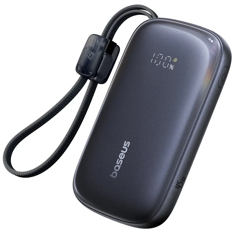 BASEUS Baterie externa Baseus EnerFill FC21 10.000 mAh Qpow 3 Ultra Digital, cu cablu detasabil USB-C la Lightning, 22.5W, Negru