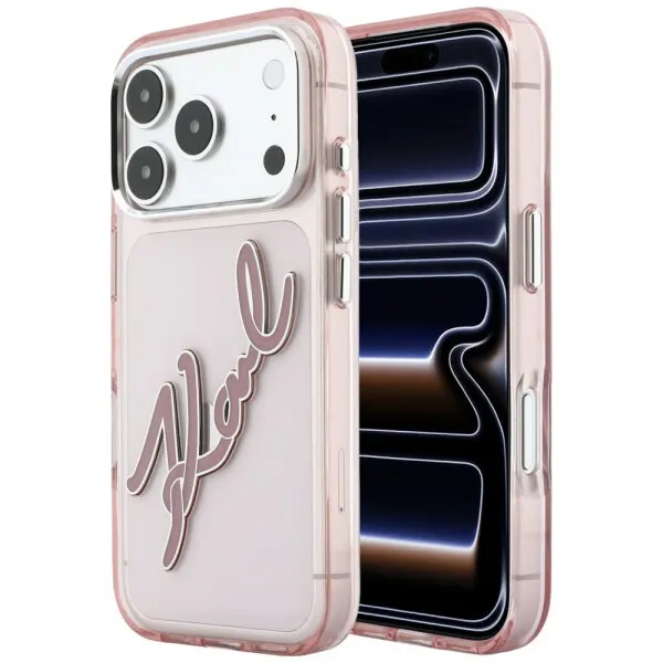 Karl Lagerfeld Husa pentru Apple iPhone 18 Pro / 17 Pro, Karl Lagerfeld, IML Big Signature Resin Logo and Metal Frame, Roz