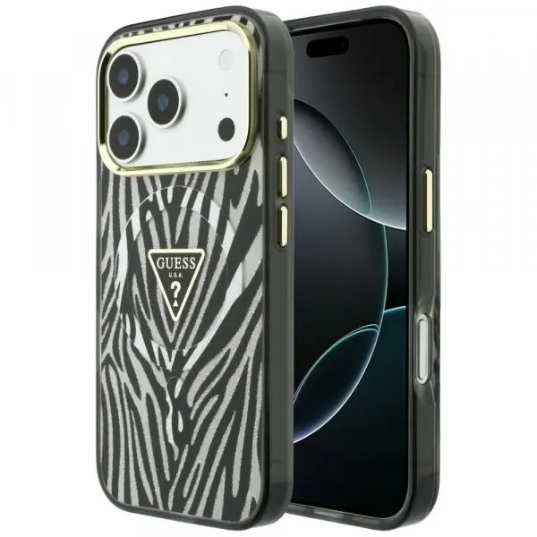 Guess Husa MagSafe pentru Apple iPhone 18 Pro / 17 Pro, Guess, Zebra Glitter Triangle Logo, Argintie