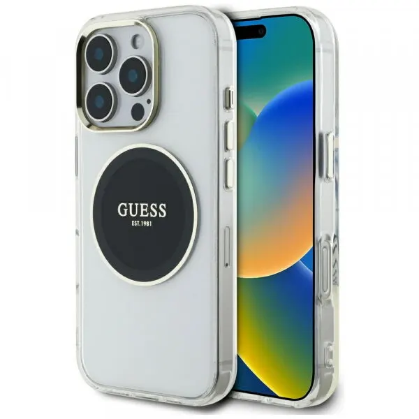 Guess Husa MagSafe pentru Apple iPhone 16 Pro, Guess, IML Metal Colored Circle, Neagra