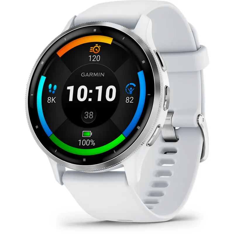 GARMIN Ceas smartwatch Garmin Venu 3, display AMOLED, memorie 8GB, autonomie pana la 10 zile, rezistant la apa, Rama argintie din otel inoxidabil, carcasa whitestone, bratara din silicon