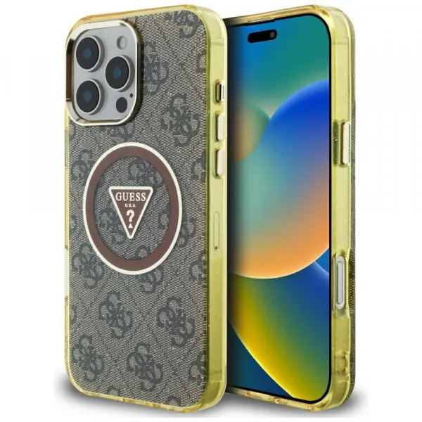 Guess Husa MagSafe pentru Apple iPhone 16 Pro, Guess, IML Glitter 4G Circle Triangle, Maro