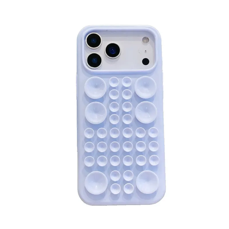 Husa cu Ventuze, Flippy, Compatibila iPhone 17 Pro, din Silicon, Interior Microfibra, Albastru Gri