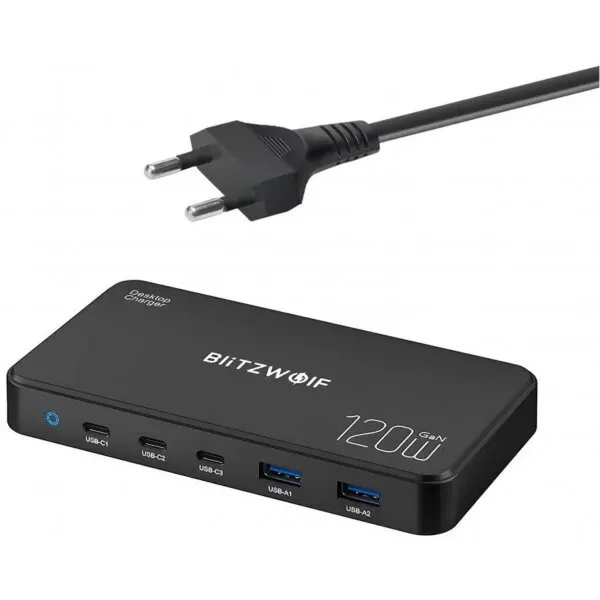 BlitzWolf Incarcator Statie BlitzWolf BW-i100, 120W, 5A, 2 x USB-A - 3 x USB-C, Negru