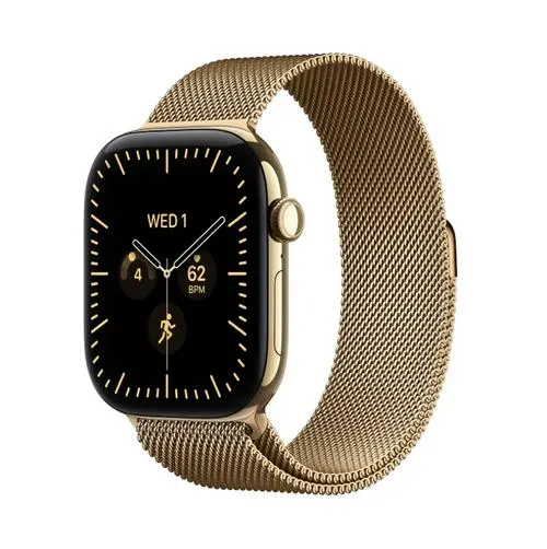 Smartwatch Apple Watch 12, GPS + Cellular, 46mm, Ecran Retina LTPO OLED, Chip S11 cu Procesor Dual-Core, 64GB Flash, Wi-Fi, Bluetooth, Carcasa Titanium, Curea Milanese Loop S/M (Auriu)