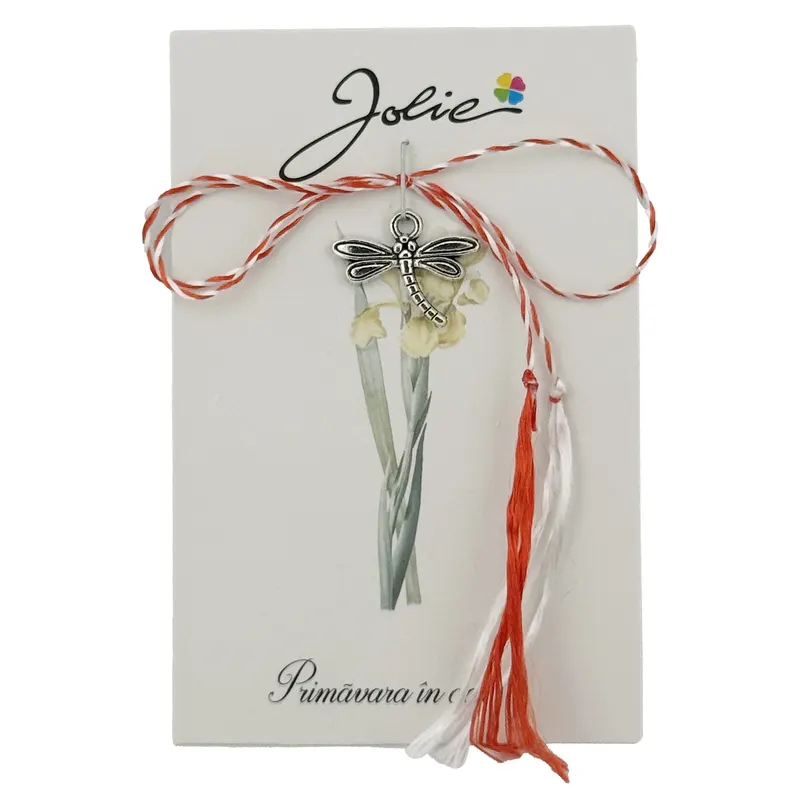 Martisor Traditional, Jolie, Model Libelula, cu Snur Impletit Alb/Rosu, 8.5 x 5.5 cm. Argintiu