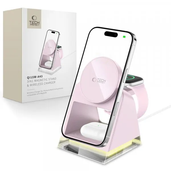 Tech-Protect Incarcator Retea Wireless Tech-Protect A43 3in1, 15W, 1.67A, Roz