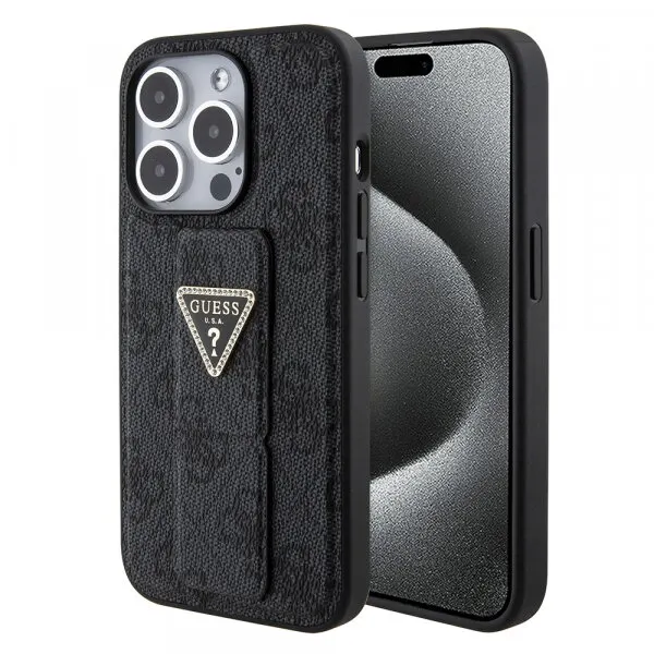 Guess Husa pentru Apple iPhone 15 Pro Max, Guess, Grip Stand 4G Triangle Strass, Neagra
