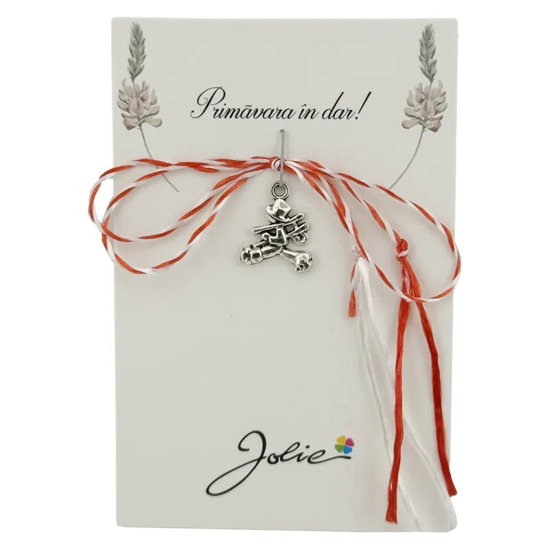 Martisor Traditional, Jolie, Model HOMAR, cu Snur Impletit Alb/Rosu, 8.5 x 5.5 cm. Argintiu