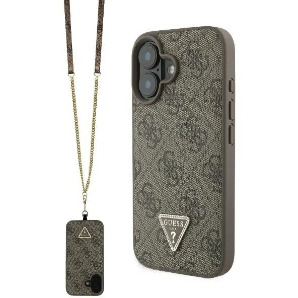 Guess Husa pentru Apple iPhone 16, Guess, Crossbody 4G Triangle Strass, Maro