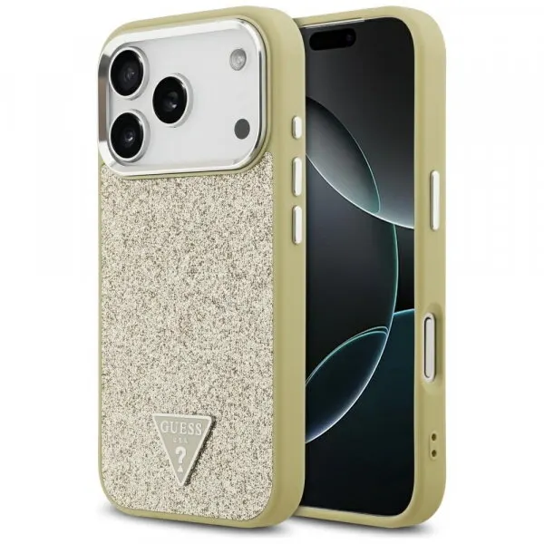Guess Husa MagSafe pentru Apple iPhone 17 Pro, Guess, Glitter Triangle Logo, Aurie