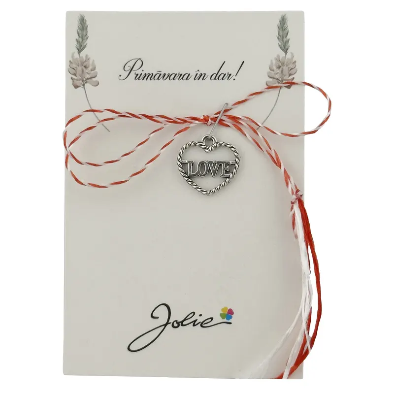 Martisor Traditional, Jolie, Model INIMA LOVE, cu Snur Impletit Alb/Rosu, 8.5 x 5.5 cm. Argintiu