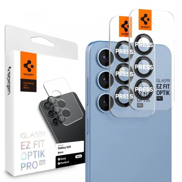 Spigen Folie de protectie Camera Spate Spigen GlastR EZ FIT Optik Pro HD pentru Samsung Galaxy S25 S931, Sticla Securizata, Set 2 bucati, Neagra AGL09092